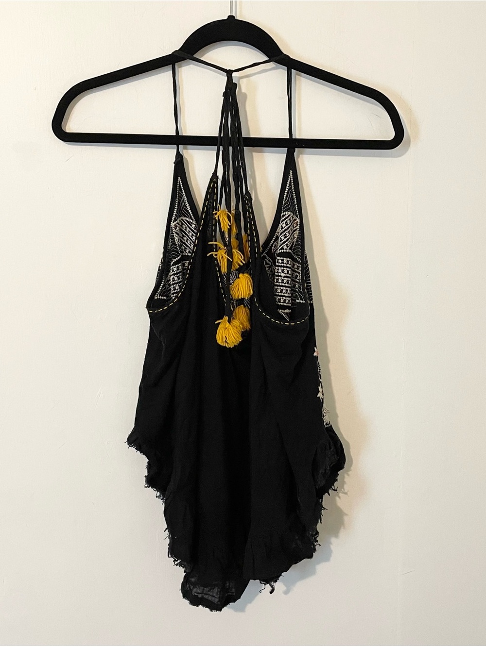 Free People Black Embroidered Boho Tank Top With Tassels Size Large - Picture 4 of 4